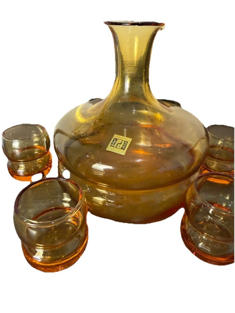 Vintage MCM Peedee Genie Squat Decanter + Cordial Glasses Italy Amber READ